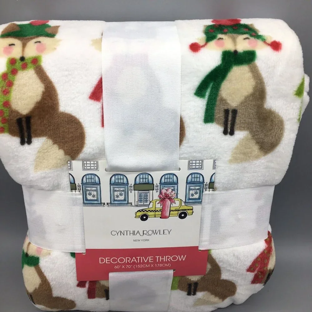 Cynthia Rowley Fox Reindeer Throw Blanket Microfleece Christmas Holiday Kids NEW